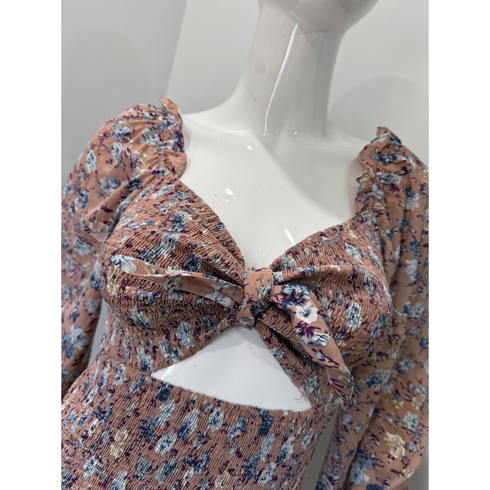 Lulus Floral Smocked Cutout Mini Dress NWT Pink Mauve Long Sleeve Size M - Picture 7 of 13